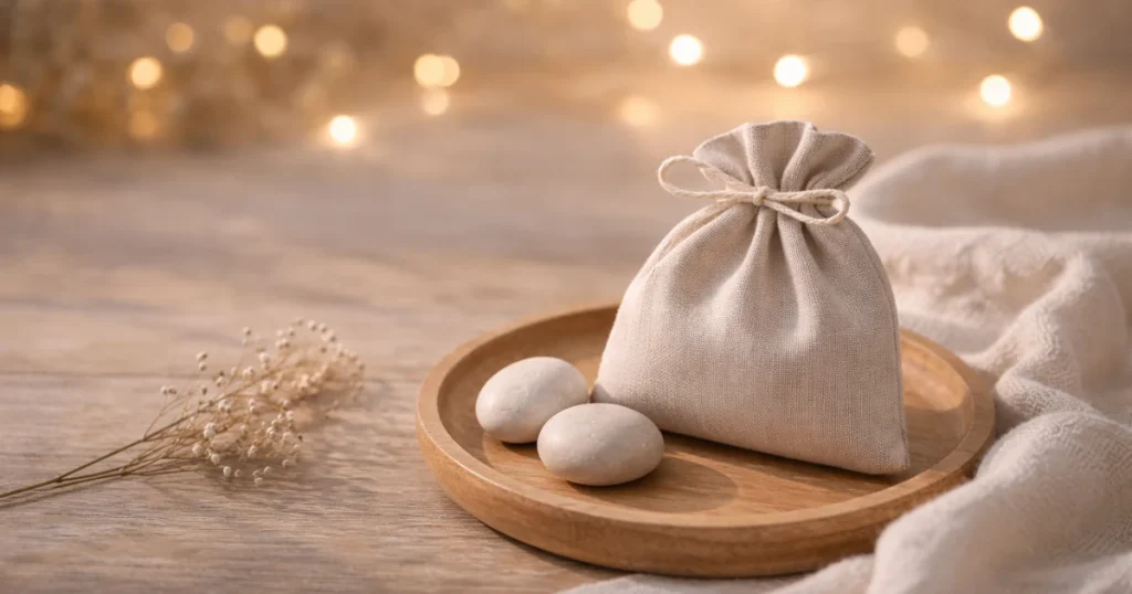 明るめの夜の木のテーブルに、木のトレイの上のベージュの巾着と丸い石が置かれ、やわらかなボケ光が広がる静かな静物写真。