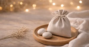 明るめの夜の木のテーブルに、木のトレイの上のベージュの巾着と丸い石が置かれ、やわらかなボケ光が広がる静かな静物写真。