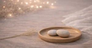 明るめの夜の木のテーブルに、木のトレイの上の丸い石が置かれ、そばに少量のドライフラワーとやわらかな布、奥にやさしいボケ光が広がる静かな静物写真。