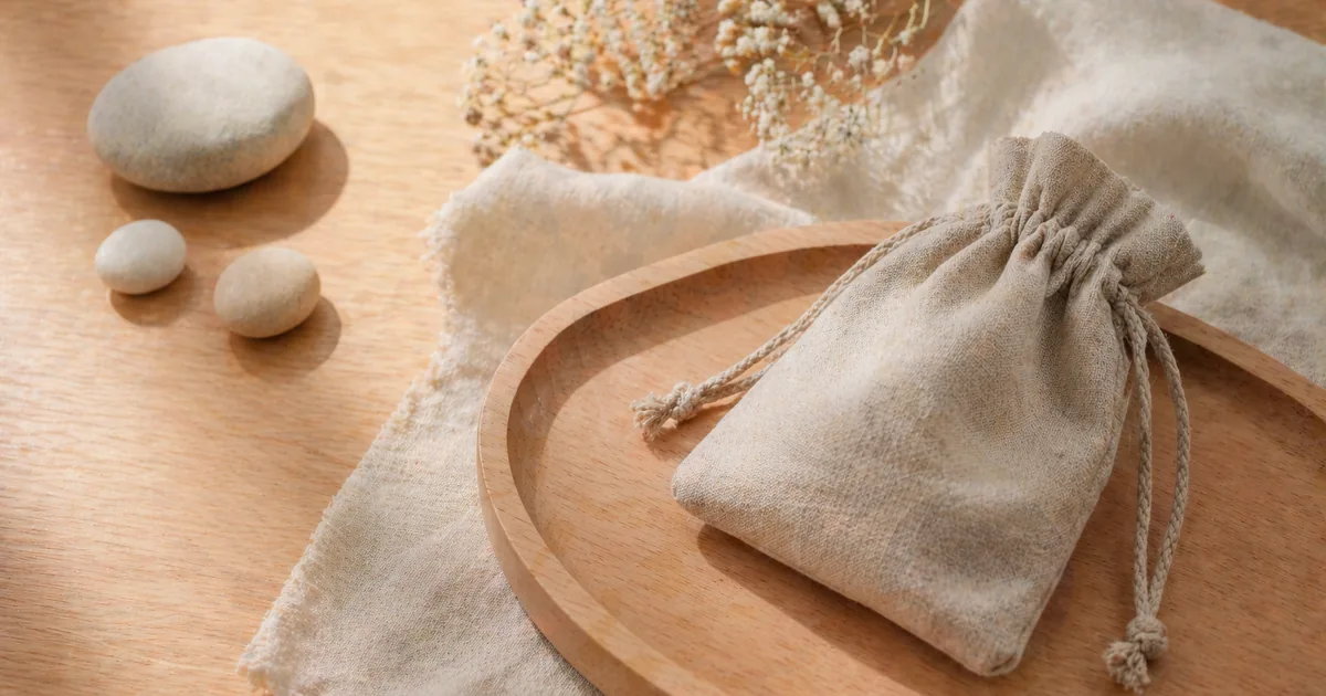 明るめの夜の木のテーブルに、木のトレイの上のベージュの巾着が置かれ、そばに丸い石、やわらかな布、少量のドライフラワーが添えられた静かな静物写真。