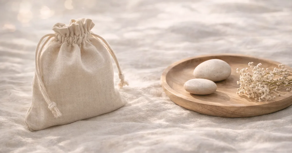 明るめの夜のリネンの上に、ベージュの巾着袋と丸い石をのせた木皿、白いドライフラワーが静かに置かれ、やわらかな光が広がる写真。