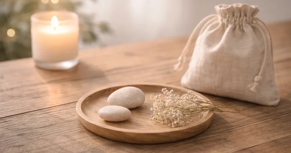 明るめの夜の木のテーブルに、小さなキャンドル、ベージュの巾着袋、丸い石をのせた木皿、白いドライフラワーが静かに並び、やわらかな光が広がる写真。