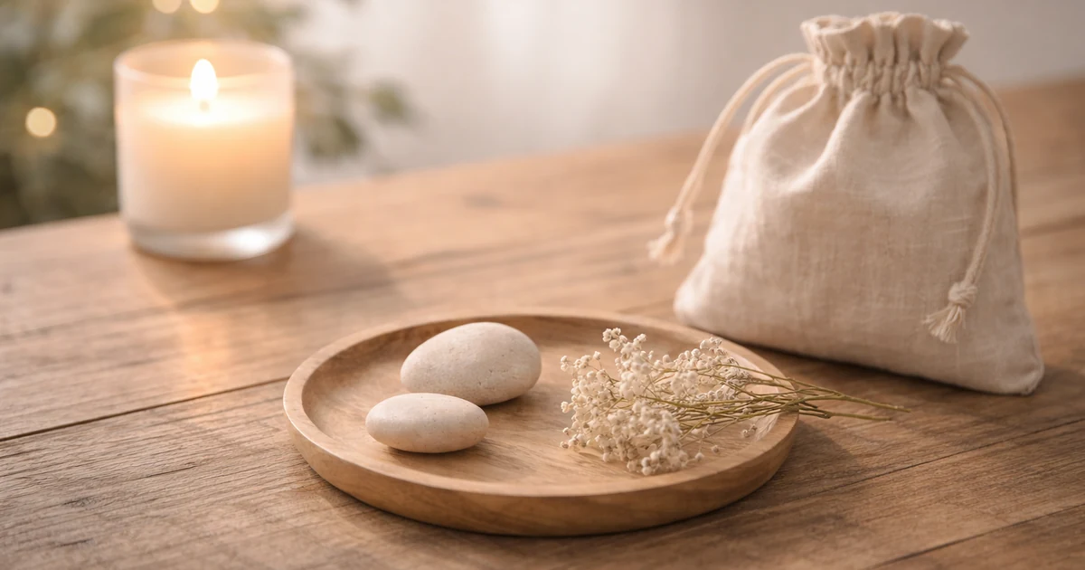 明るめの夜の木のテーブルに、小さなキャンドル、ベージュの巾着袋、丸い石をのせた木皿、白いドライフラワーが静かに並び、やわらかな光が広がる写真。
