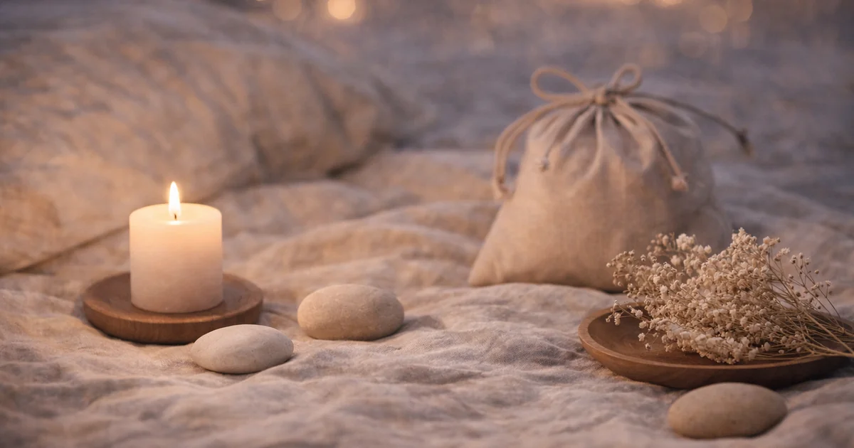 明るめの夜のリネンの上に、木の台に載ったキャンドル、丸い石、ベージュの巾着、木皿に置かれたドライフラワーが静かに並び、奥にやわらかなボケ光が広がる写真。