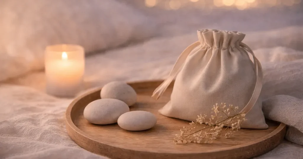 明るめの夜のリネンの上に置かれた木のトレイに、ベージュの巾着袋、丸い石、白いドライフラワーが静かに並び、奥にキャンドルの灯りとやわらかなボケ光が広がる写真。