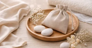 明るめの夜の木のテーブルに、木のトレイの上のベージュの巾着と丸い石が置かれ、そばに少量のドライフラワーとやわらかな布が添えられた静かな静物写真。