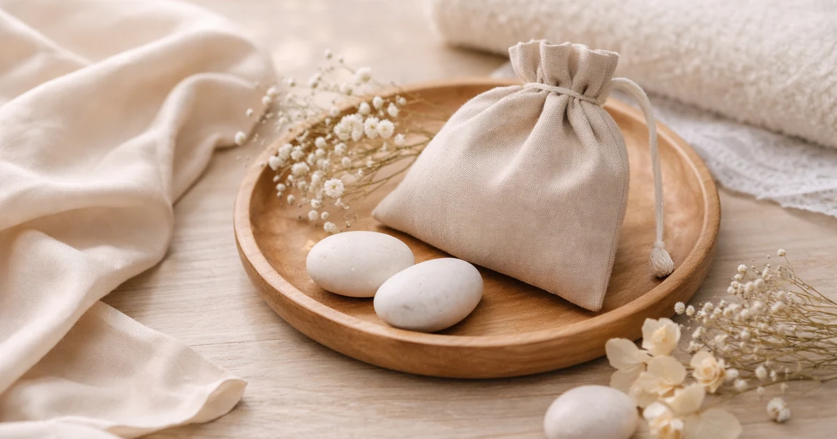 明るめの夜の木のテーブルに、木のトレイの上のベージュの巾着と丸い石が置かれ、そばに少量のドライフラワーとやわらかな布が添えられた静かな静物写真。