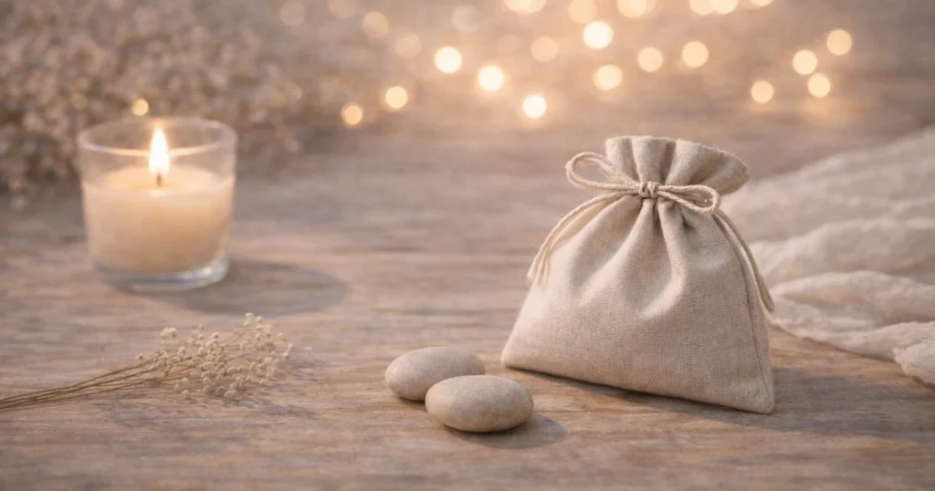 明るめの夜の木のテーブルに、ベージュの巾着と丸い石が置かれ、左奥にキャンドルの灯りとやわらかなボケ光が広がる静かな静物写真。