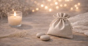 明るめの夜の木のテーブルに、ベージュの巾着と丸い石が置かれ、左奥にキャンドルの灯りとやわらかなボケ光が広がる静かな静物写真。