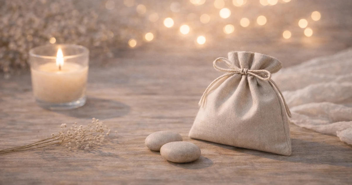 明るめの夜の木のテーブルに、ベージュの巾着と丸い石が置かれ、左奥にキャンドルの灯りとやわらかなボケ光が広がる静かな静物写真。