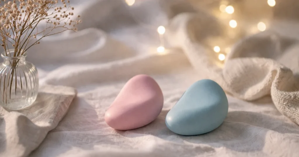 明るめの夜のリネンの上に、淡いピンクと淡いブルーの丸みのある静物が並び、左に小さなガラス花瓶、奥にやわらかなボケ光が広がる静かな静物写真。