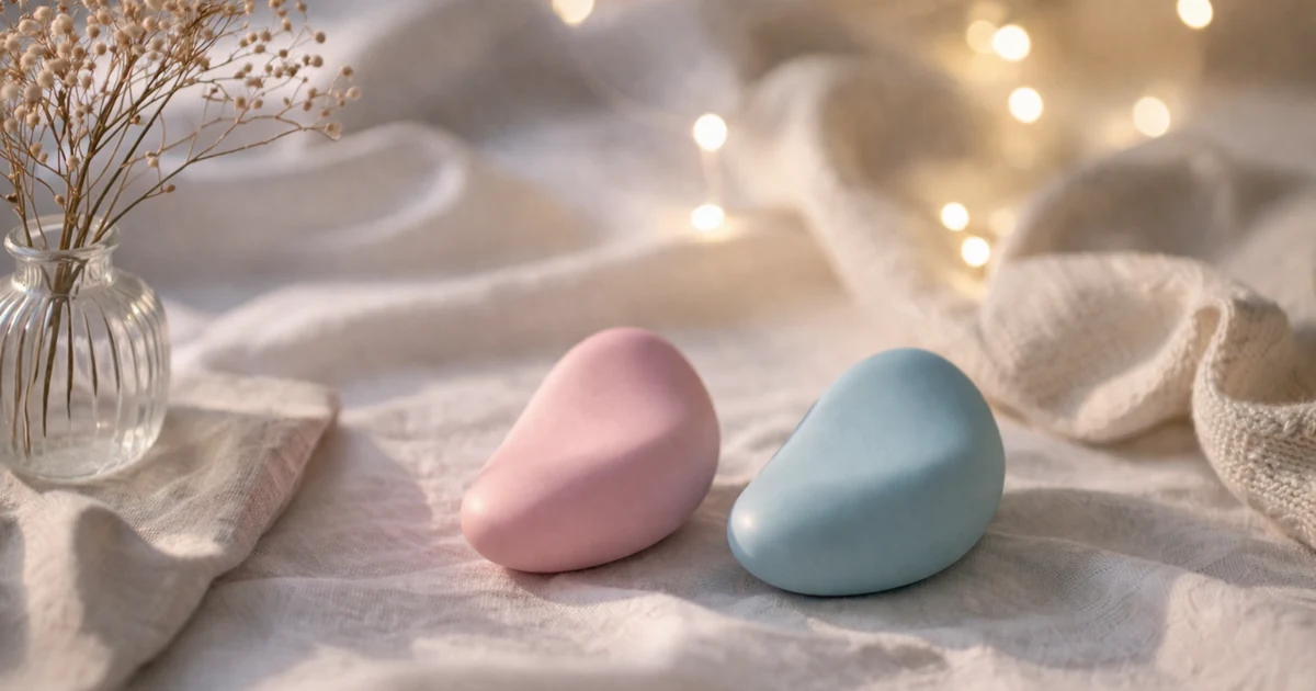 明るめの夜のリネンの上に、淡いピンクと淡いブルーの丸みのある静物が並び、左に小さなガラス花瓶、奥にやわらかなボケ光が広がる静かな静物写真。