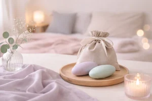 やわらかな布とドライフラワーのそばに、木のトレイの上のベージュの巾着と丸みのある石が置かれた、明るめの夜の静かな静物写真。