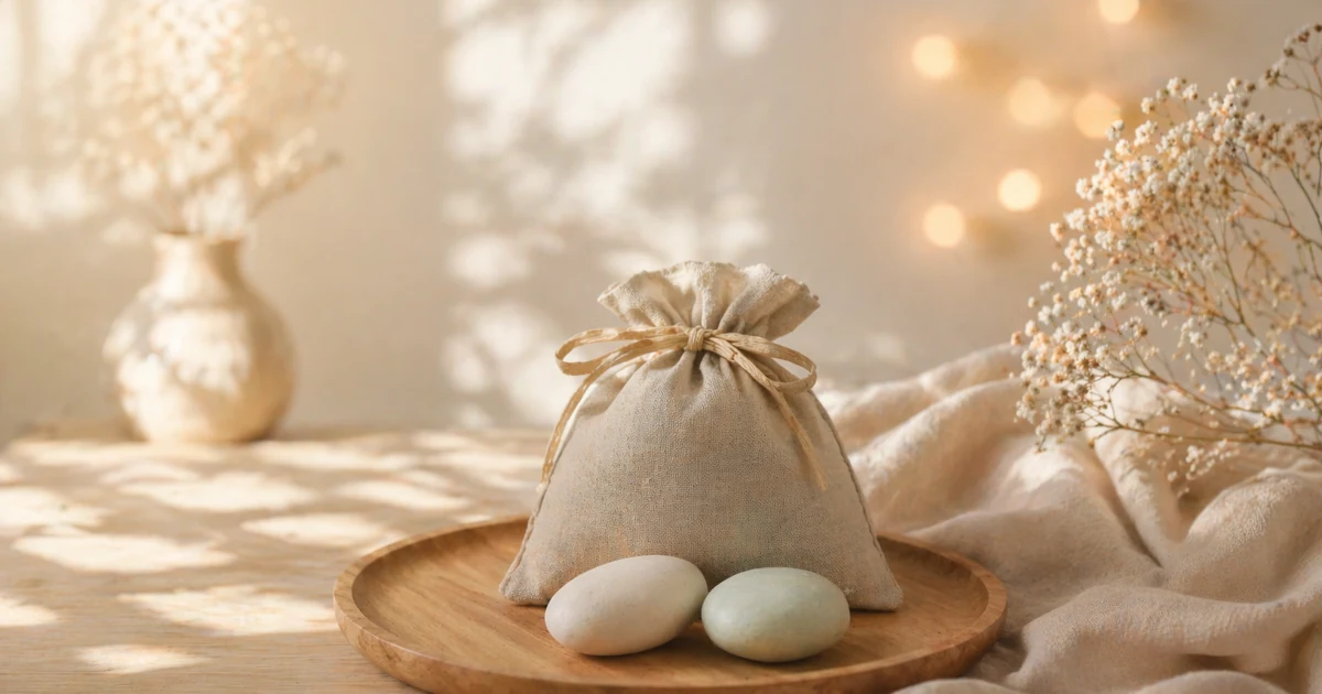 明るめの夜の木のテーブルに、木のトレイの上のベージュの巾着と丸い石が置かれ、そばにやわらかな布と少量のドライフラワーが添えられた静かな静物写真。